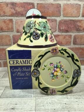Nicole Candle Large Ceramic Candle Jar Shade & Plate Set Garden Floral In Box